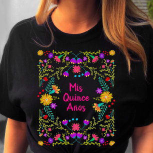 Mis Quince Anos Mexicaanse Fiesta Zwart Roze Verja T-shirt