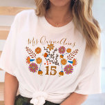 Mis Quince Anos Mexican Floral Westerne Birthday T-shirt<br><div class="desc">Mexicaans bloemetjesshirt met 15e verjaardag met kunstbloemen van de fistels folk in een mooi kleurenpalet van champagne beige bruin, roze en geel sinaasappel. Het onderscheidende ontwerp met westerne typografie en elegant handgeschreven manuscript. De sjabloon is zo nodig ingesteld om de gelegenheid en het verjaardagsnummer te wijzigen. Blader naar mijn Mexicaanse...</div>