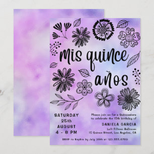 Mis Quince Años Modern Paars Floral Quinceañera Kaart