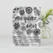 Mis Quince Años Modern Silver Floral Quinceañera Kaart (Staand voorkant)