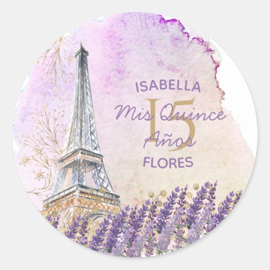Mis Quince Años Paris Eiffel Tower French Lavender Ronde Sticker (Voorkant)