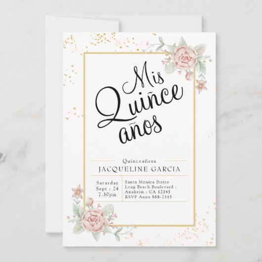 Mis Quince Anos Pink Floral Quinceañera Uitnodigin Kaart (Voorkant)