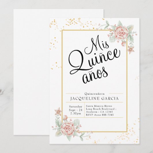 Mis Quince Anos Pink Floral Quinceañera Uitnodigin Kaart (Voorkant / Achterkant)