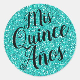 Mis Quince Años Quinceañera Turquoise Aqua Glitter Ronde Sticker