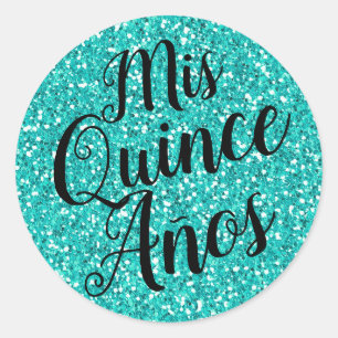 Mis Quince Años Quinceañera Turquoise Aqua Glitter Ronde Sticker