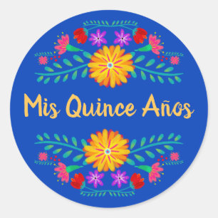 Mis Quince Anos Royal Blue Mexican Fiesta Flowers Ronde Sticker