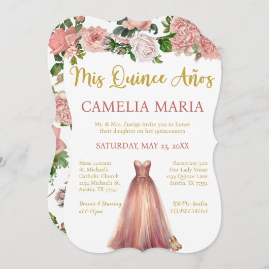 Mis Quince Anos Roze Gouden Verjaardag Uitnodiging (Voorkant / Achterkant)