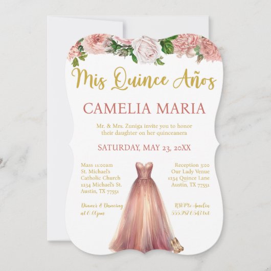 Mis Quince Anos Roze Gouden Verjaardag Uitnodiging (Voorkant)