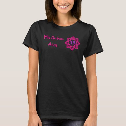 Mis Quince Anos Roze Kant Bloem Quinceanera Zwart T-shirt (Voorkant)