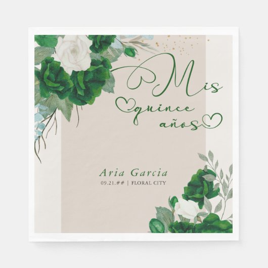 Mis Quince Anos Smaragd Groen Bloemen Quinceanera Servet (Voorkant)