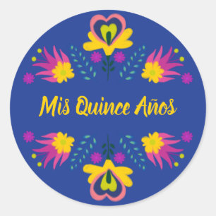 Mis Quince Anos Zwart Blauw Geel Mexicaanse Fiesta Ronde Sticker