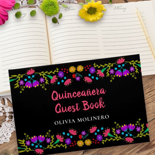 Mis Quince Anos Zwart Mexicaans Bloemen Quinceaner Gastenboek