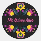 Mis Quince Anos Zwart Roze Geel Mexicaanse Fiesta Ronde Sticker (Voorkant)