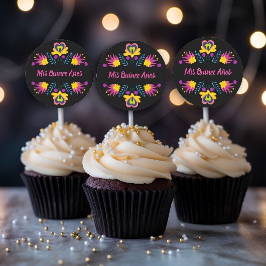 Mis Quince Anos Zwart Roze Geel Mexicaanse Fiesta Ronde Sticker