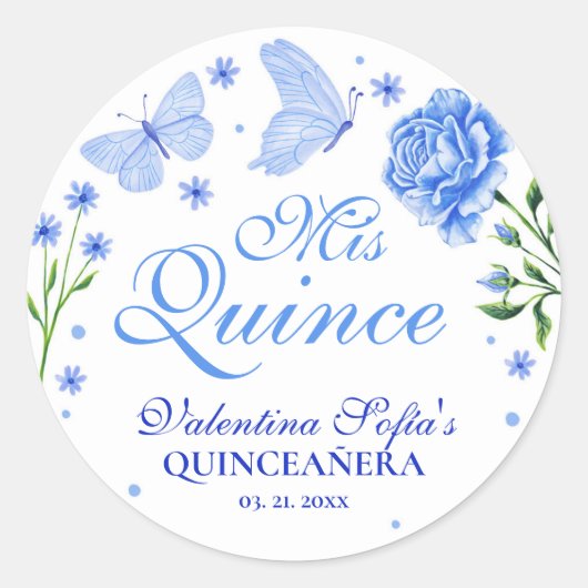 Mis Quince Baby Blauw Bloemen Quinceañera Classic Ronde Sticker (Voorkant)