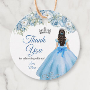 Mis Quince Blauw Bloemen Zilveren Kroon Quinceañer Bedankjes Labels