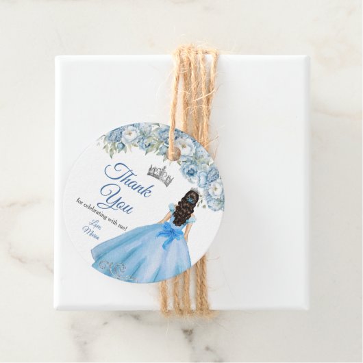 Mis Quince Blauw Bloemen Zilveren Kroon Quinceañer Bedankjes Labels (In situ)