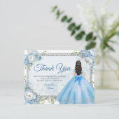 Mis Quince Blauw Bloemen Zilveren Kroon Quinceañer Bedankkaart (Staand voorkant)