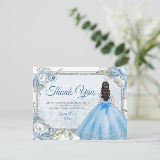 Mis Quince Blauw Bloemen Zilveren Kroon Quinceañer Bedankkaart (Staand voorkant)