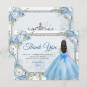 Mis Quince Blauw Bloemen Zilveren Kroon Quinceañer Bedankkaart (Voorkant / Achterkant)