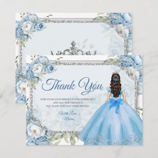 Mis Quince Blauw Bloemen Zilveren Kroon Quinceañer Bedankkaart (Voorkant / Achterkant)