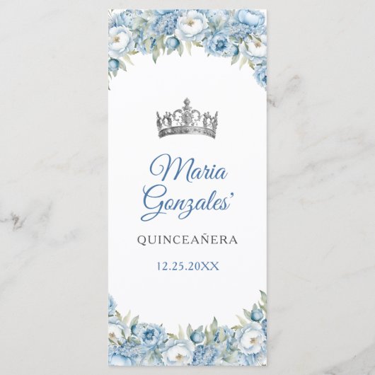 Mis Quince Blauw Bloemen Zilveren Kroon Quinceañer Menu (Achterkant)