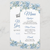 Mis Quince Blauw Bloemen Zilveren Kroon Quinceañer Menu (Voorkant / Achterkant)