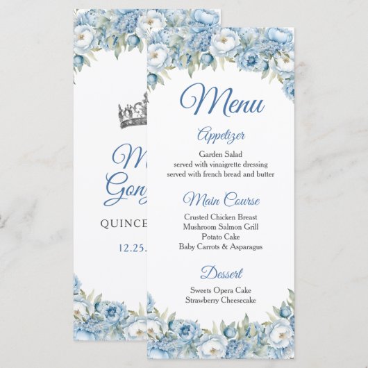 Mis Quince Blauw Bloemen Zilveren Kroon Quinceañer Menu (Voorkant / Achterkant)