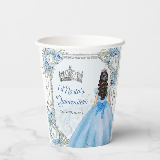 Mis Quince Blauw Bloemen Zilveren Kroon Quinceañer Papieren Bekers (Achterkant)