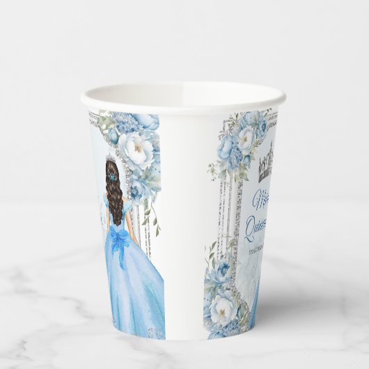 Mis Quince Blauw Bloemen Zilveren Kroon Quinceañer Papieren Bekers (Links)