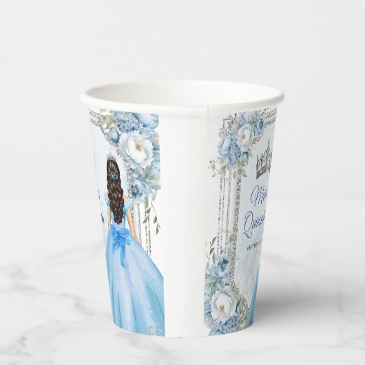 Mis Quince Blauw Bloemen Zilveren Kroon Quinceañer Papieren Bekers (Rechts)