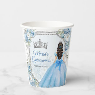 Mis Quince Blauw Bloemen Zilveren Kroon Quinceañer Papieren Bekers