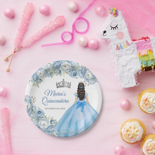 Mis Quince Blauw Bloemen Zilveren Kroon Quinceañer Papieren Bordje (Feest)