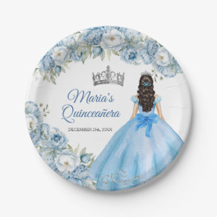 Mis Quince Blauw Bloemen Zilveren Kroon Quinceañer Papieren Bordje