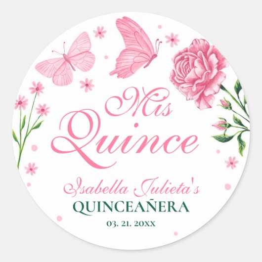 Mis Quince Blush Roze Bloemen Quinceañera Ronde Sticker (Voorkant)