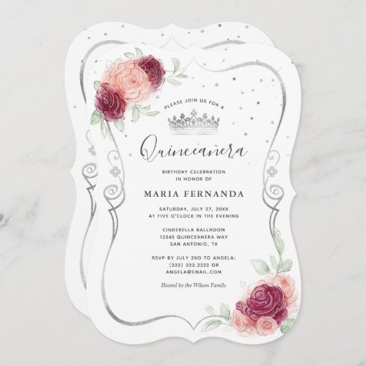 Mis Quince Burgundy Blush en Zilver Quinceanera Kaart (Voorkant / Achterkant)