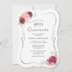 Mis Quince Burgundy Blush en Zilver Quinceanera Kaart
