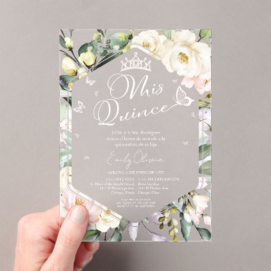 Mis Quince | Butterfly Floral Quinceañera Spaans Acryl Uitnodigingen (Insitu (Draagbaar))