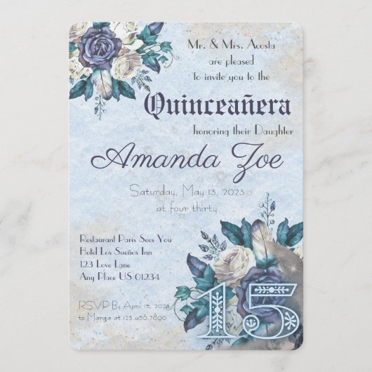 Mis Quince Dusty Blue Bloemen uitnodiging (Voorkant)