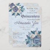 Mis Quince Dusty Blue Bloemen uitnodiging (Voorkant / Achterkant)