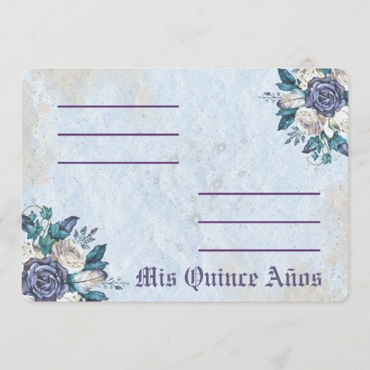 Mis Quince Dusty Blue Bloemen uitnodiging (Achterkant)