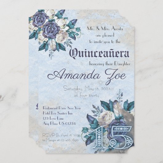 Mis Quince Dusty Blue Bloemen uitnodiging (Voorkant / Achterkant)
