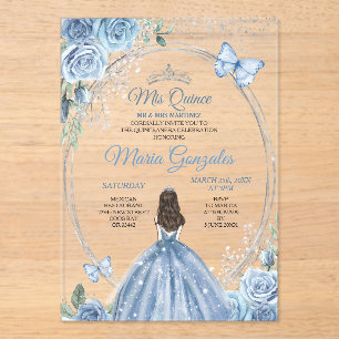Mis Quince Dusty Blue & Zilver Bloemen Quinceañera Acryl Uitnodigingen