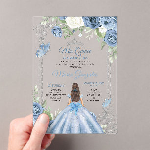 Mis Quince Dusty Blue & Zilver Bloemen Quinceañera Acryl Uitnodigingen