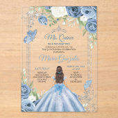 Mis Quince Dusty Blue & Zilver Bloemen Quinceañera Acryl Uitnodigingen (Voorkant)
