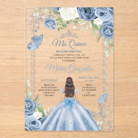 Mis Quince Dusty Blue & Zilver Bloemen Quinceañera Acryl Uitnodigingen (Voorkant)