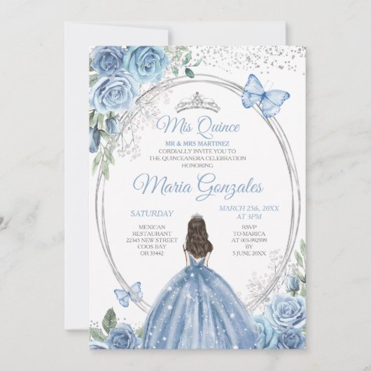 Mis Quince Dusty Blue & Zilver Bloemen Quinceañera Kaart (Voorkant)