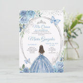 Mis Quince Dusty Blue & Zilver Bloemen Quinceañera Kaart (Staand voorkant)