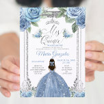 Mis Quince Dusty Blue & Zilver Bloemen Quinceañera Kaart<br><div class="desc">Dusty Blue & Silver Bloemen Quinceañera Uitnodiging Mis Quince Anos,  15e verjaardag, </div>