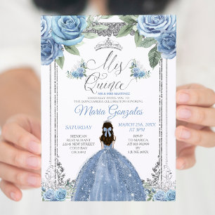 Mis Quince Dusty Blue & Zilver Bloemen Quinceañera Kaart